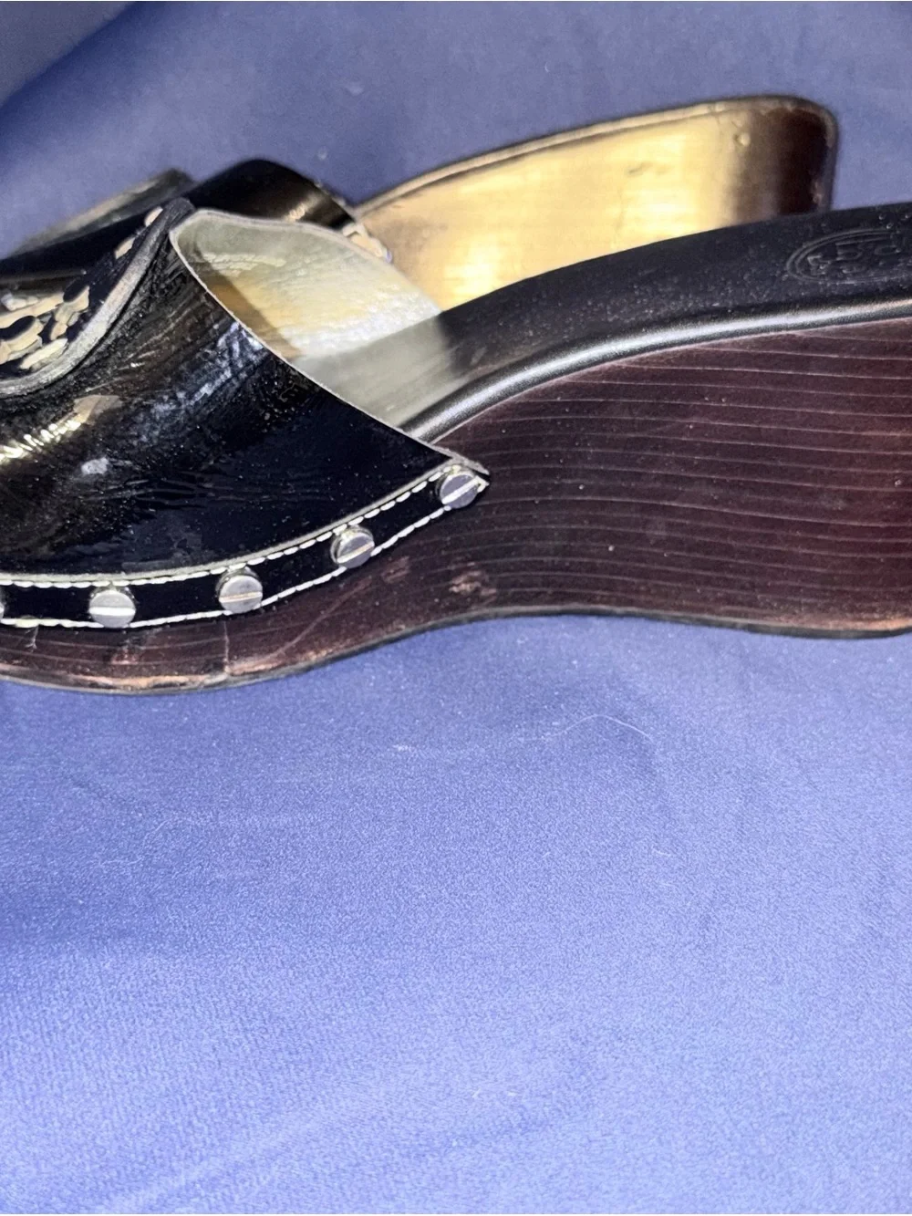 Tory Burch Black Patent Logo Slide Mules
